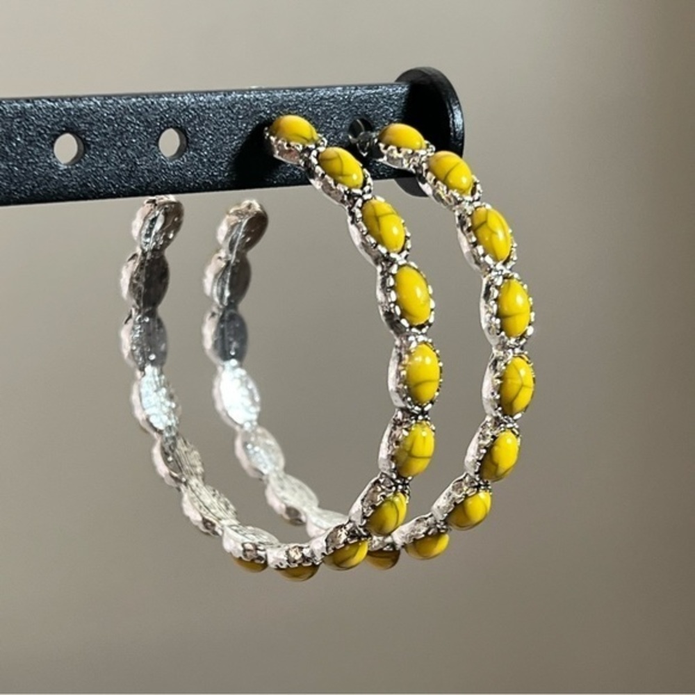 Retro Inlaid Yellow Turquoise Silver Tone Stud Hoop Earrings